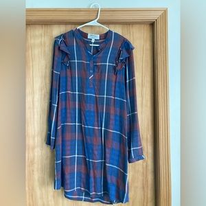 Anthropologie Cloth & Stone Medium ruffle long sleeve dress blue plaid